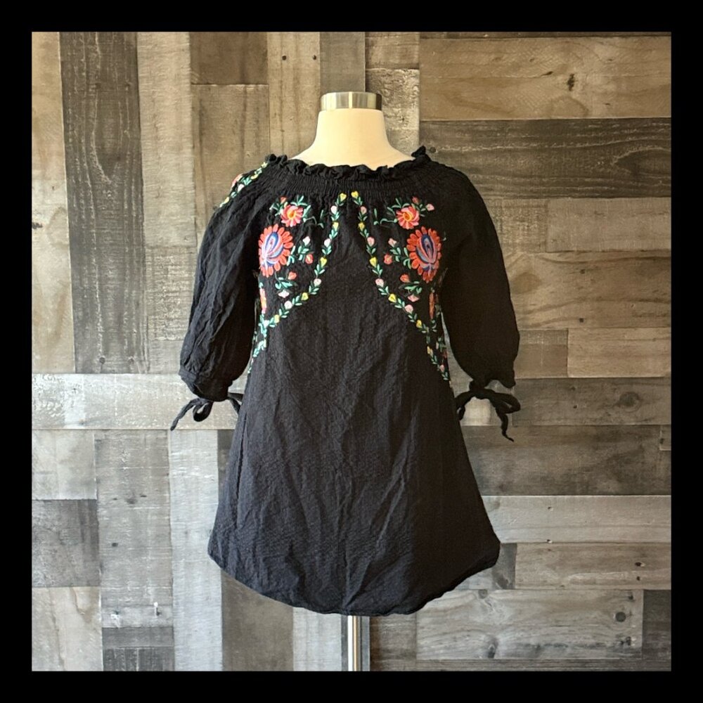 Black peasant top small rainbow floral embroidery festival boho fiesta vacation